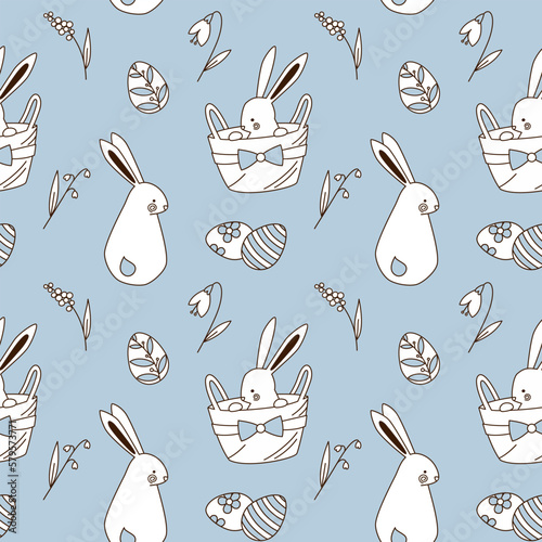 Seamless pattern with Easter bunny eggs and spring flowers in doodle cartoon style white blue color