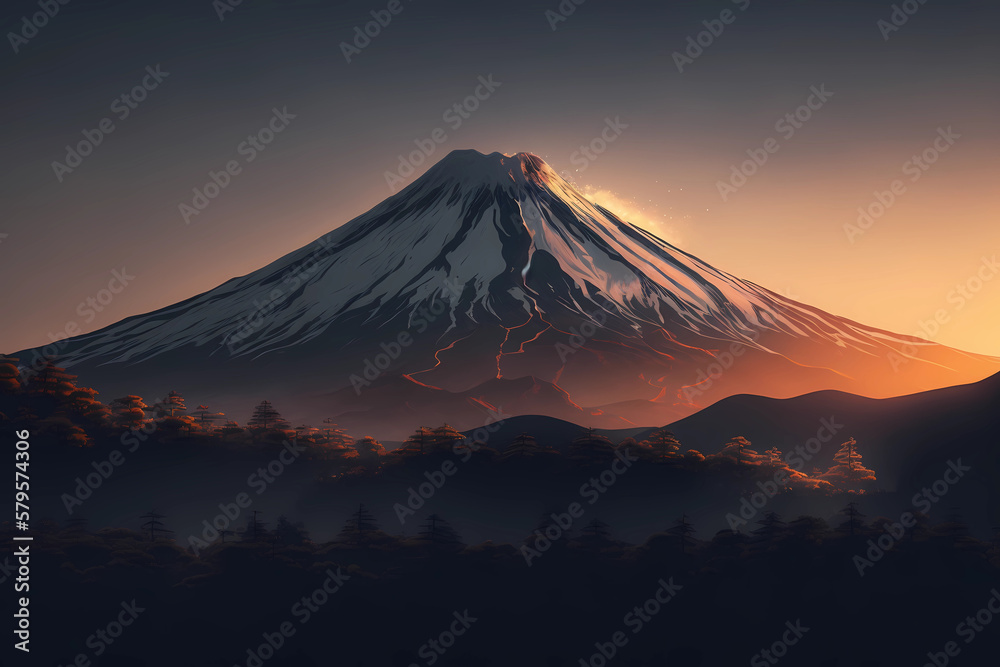 sunrise / set at Mt.Fuji, in perfect light, made with Generative AI