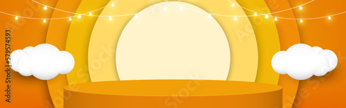 Empty Yellow podium for product display with lights decorative, and clouds on Sun shape background. Summer concept. Product stage show. Vector illustration.