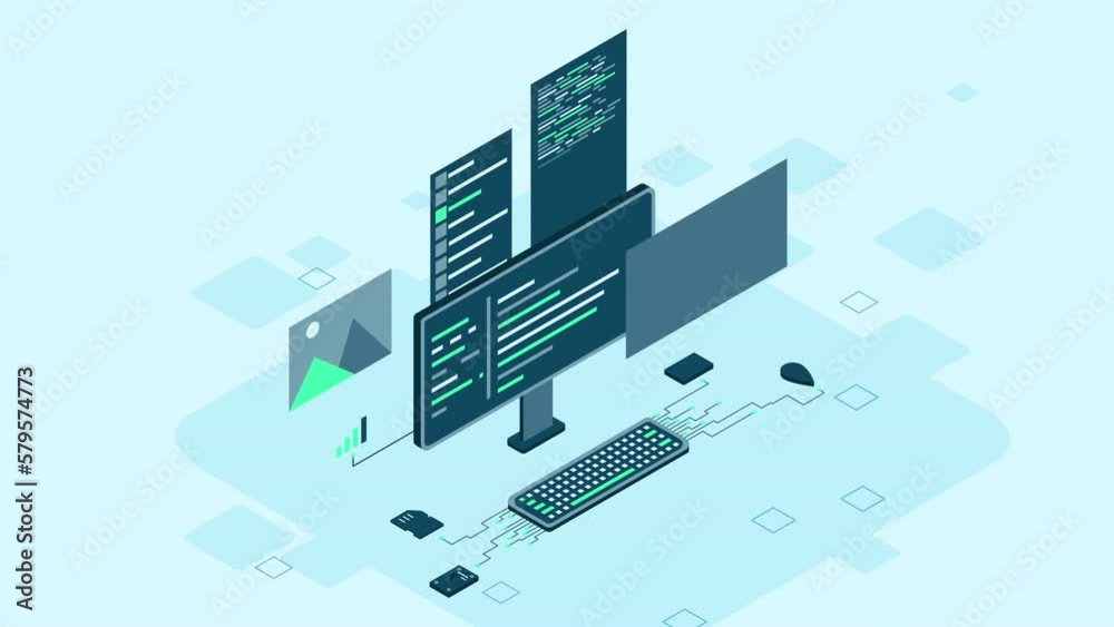 Isometric desktop computer. Coding programming technology. Programming ...