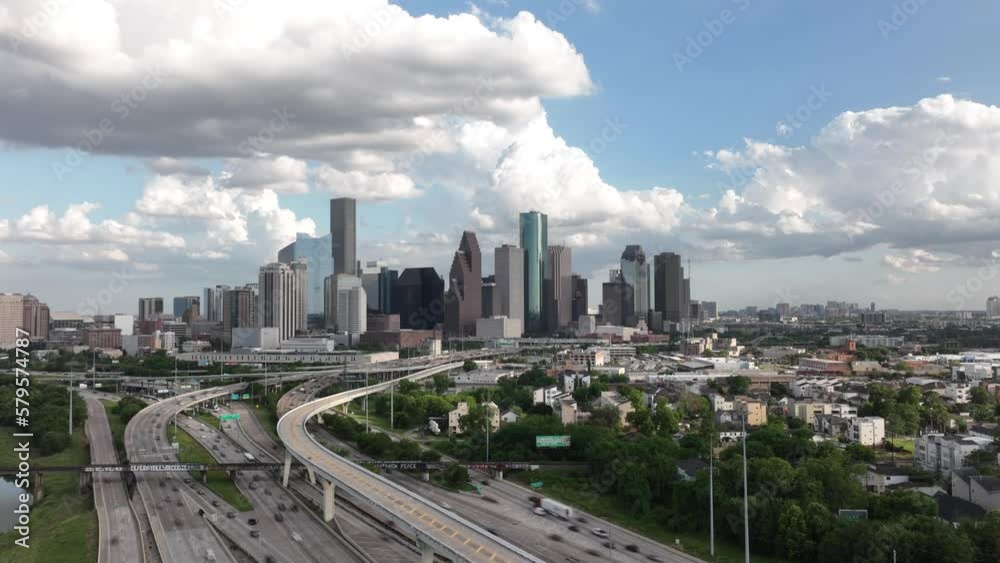 Hyperlapse approach establishing shot of downtown Houston.