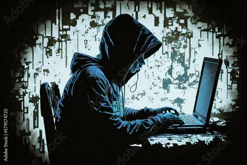 A Hacker in his Hoodie sitting on his computer, Illustration, Generative AI photo