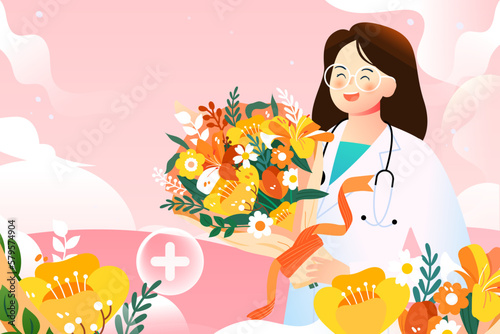 International nurses day, nurse holding love flower with flowers and medical supplies in background, vector illustration