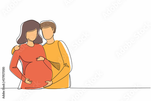 Single continuous line drawing flat illustration about pregnancy and partner birth. Young pregnant woman with husband. Man takes care and hugs his wife. Dynamic one line draw graphic design vector