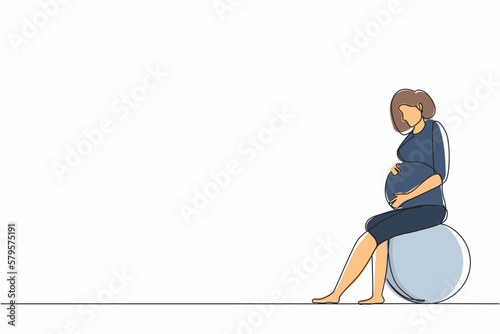 Single continuous line drawing pregnant woman sits on fitball. Sport training for women. Healthy lifestyle. Pregnant fitness girl. Fitness for pregnant women. Dynamic one line design graphic vector