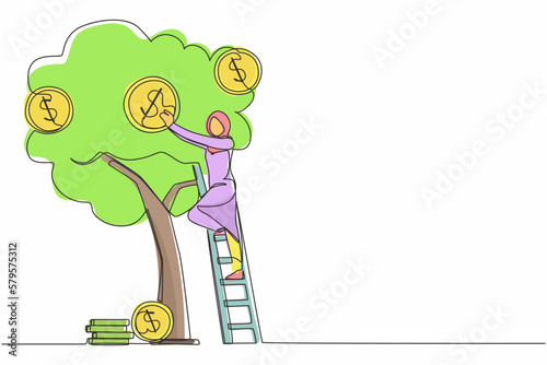 Single one line drawing Arabic businesswoman picking dollars from money tree. Money plant. Business growth, financial success concept. Investment, banking income. Continuous line design graphic vector