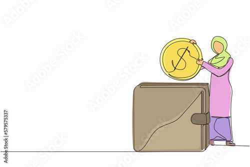 Single one line drawing Arab businesswoman putting dollar coin into big wallet. Concept of direct payment, paying by cash, money transfer, personal financial transaction. Continuous line design vector