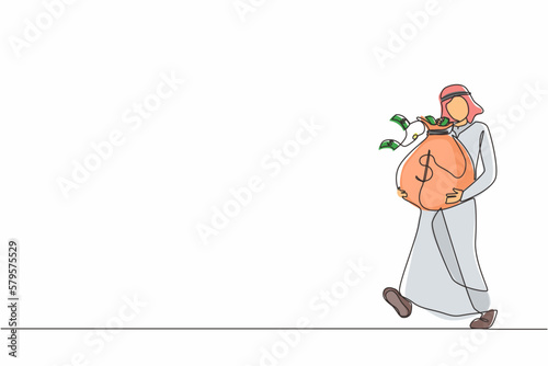 Single continuous line drawing Arabian businessman walking and carrying big heavy sack full of cash money. Green banknotes flying out of bag with dollar sign on it. One line draw graphic design vector