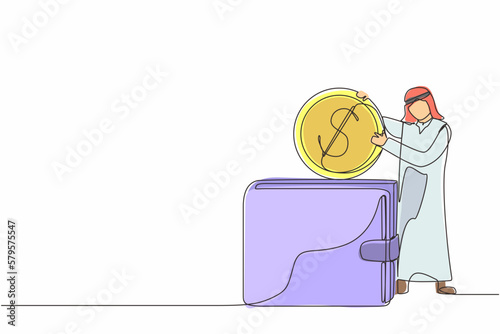 Continuous one line drawing Arab businessman putting dollar coin into big wallet. Direct payment, paying by cash, money transfer, personal financial transaction. Single line draw design vector graphic
