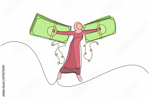 Single continuous line drawing Arab businesswoman flying on money wings. Financial freedom concept, depicting woman flying on wings made of currency bills. One line graphic design vector illustration