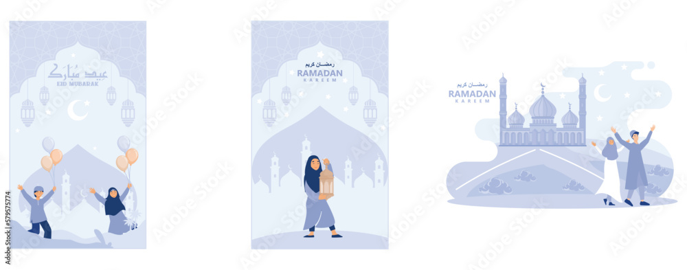 Eid  Mubarak vector with Happy kids, muslim girl holding lantern with crescent moon, stars and mosque as background, set flat vector modern illustration  