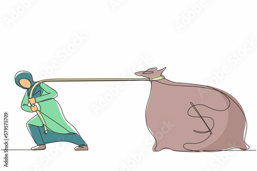Single continuous line drawing Arabian businesswoman pulling big bag of money. Business metaphor. Corporate competition or business challenge concept. One line draw graphic design vector illustration