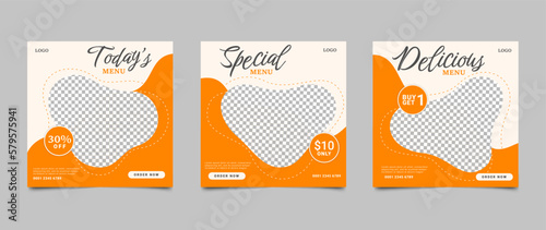 Social media food menu post template design. Editable social media square banner for restaurant and culinary promotion. Set of layouts for marketing on social media. Vector illustration.