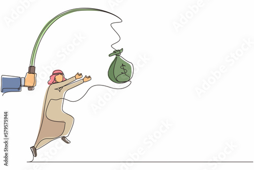 Single one line drawing hand with fishing pole and money bag control greedy Arabian businessman under hypnosis. Man running after dangling money bag, trying to catch it. Continuous line design vector