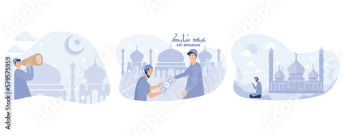  Looking for hilal or Crescent moon with telescope, giving money to homeless people, Muslim man doing prayer  with a beautiful mosque behind, set flat vector modern illustration