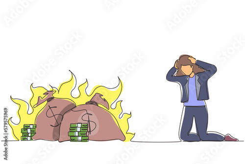 Single continuous line drawing upset businesswoman kneeling. Finances burning up. Global financial crisis, inflation. Bankruptcy. Inability to do business and pay bills. One line draw design vector