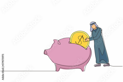 Single one line drawing Arabian businessman putting dollar coin into piggy bank. Money savings, personal investment, finance, funding, bank deposit, capital accumulation. Continuous line design vector