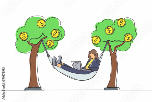 Continuous one line drawing happy rich businesswoman typing with laptop in hammock tied on money tree with dollar coins. Make profit or dividend from investment. Single line draw design vector graphic