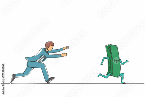 Single one line drawing businessman or manager running and chasing after run away money. Concept of money obsession, impatient, greedy. Modern continuous line draw design graphic vector illustration