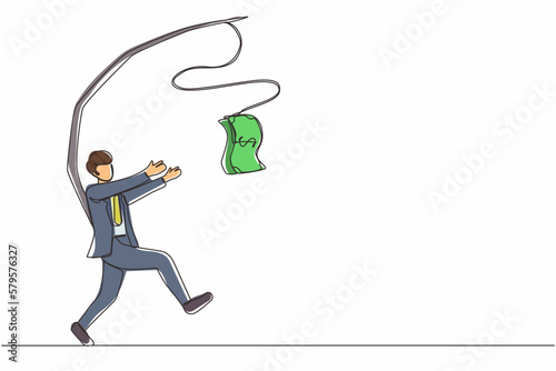 Single one line drawing greedy businessman or manager is running after money. Greedy man in business suit with attached rod and dollar. Modern continuous line draw design graphic vector illustration