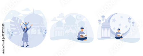 father taking his child to the mosque, Muslim man reading Quran on Laylat al-Qadr, set flat vector modern illustration 