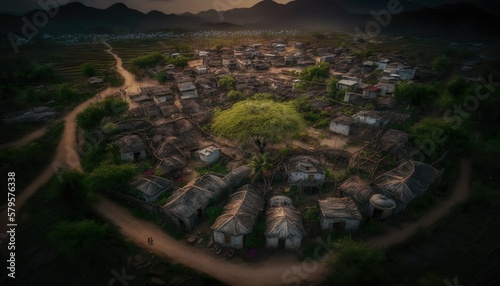 A breathtaking aerial shot of an Andhra Pradesh village with a DJI Mavic 2 Pro drone 28mm lens f/5.6 aperture dramatic and epic style  Generative AI photo