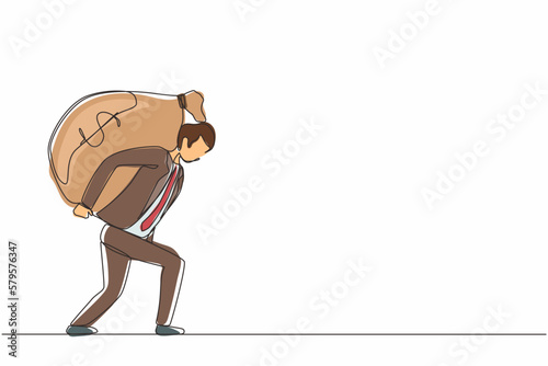 Continuous one line drawing businessman carrying big and heavy money bag on his back. Financial problems, taxation burden or business debt, deadline concept. Single line draw design vector graphic