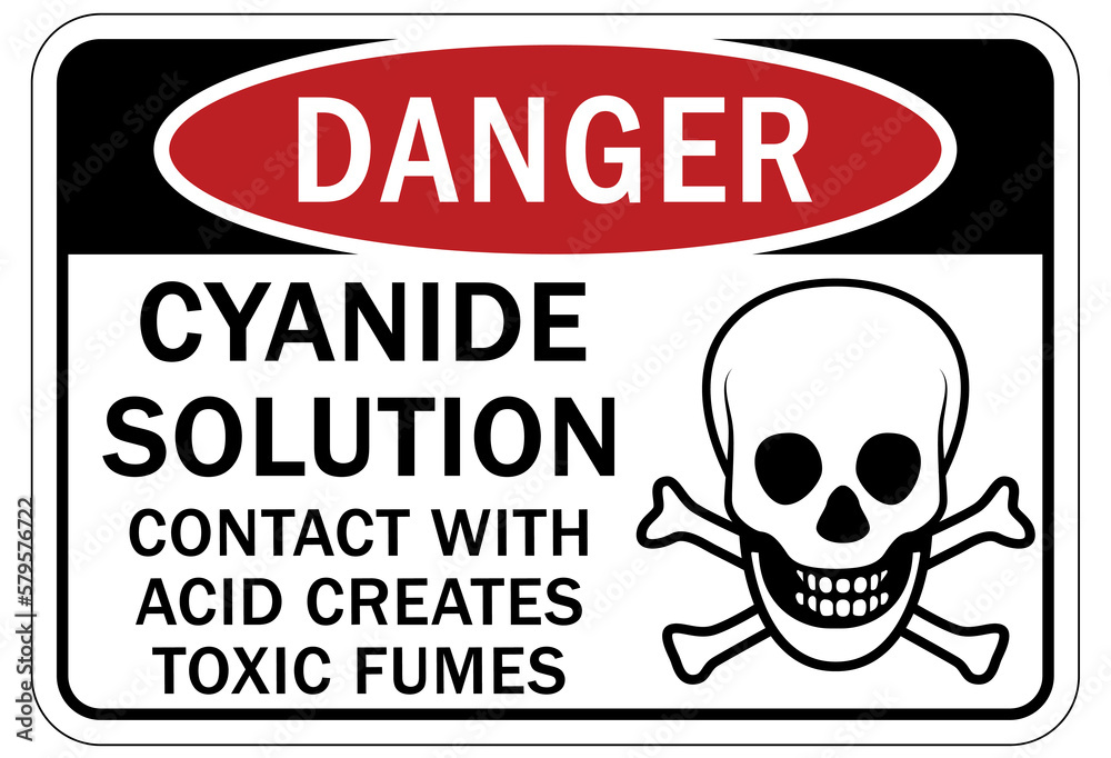 Hazardous fumes sign and labels cyanide solution. Contact with acid creates toxic fumes