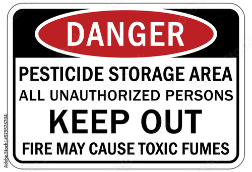 Hazardous fumes sign and labels pesticide storage area. All unauthorized persons keep out, Fire may cause toxic fumes