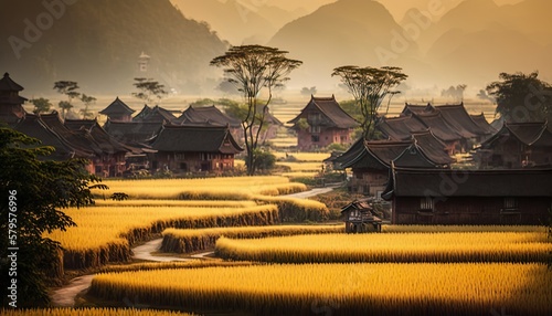 A traditional village surrounded by golden fields captured with a Canon EOS R 85mm lens f 2 warm telephoto lens  Generative AI