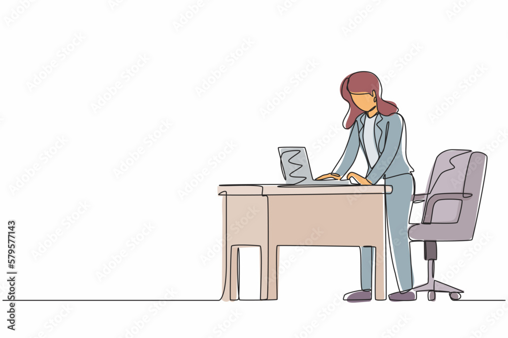 Single continuous line drawing woman employee working at ergonomic workstation. Office furniture with computer and laptop. Female standing on foot rest behind desk. One line draw graphic design vector Single continuous line drawing woman employee working at ergonomic workstation. Office furniture with computer and laptop. Female standing on foot rest behind desk. One line draw graphic design vector
