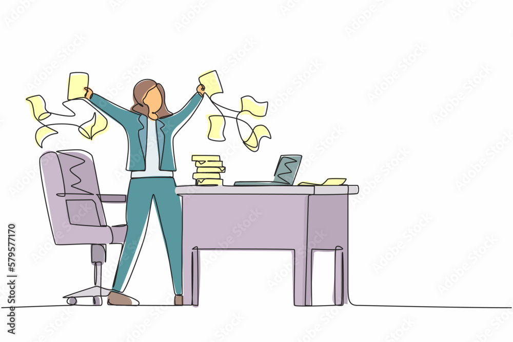 Single one line drawing happy businesswoman, company leader or office worker throwing documents in air, enjoying business success while sitting at workplace. Continuous line design vector illustration