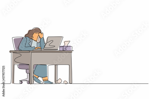Single continuous line drawing female employee crying while wiping tears using tissue and staring at laptop. Woman working overtime in office. Dynamic one line draw graphic design vector illustration