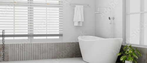 Modern white and clean bathroom interior design with elegant bathtub  towel on towel rack  window