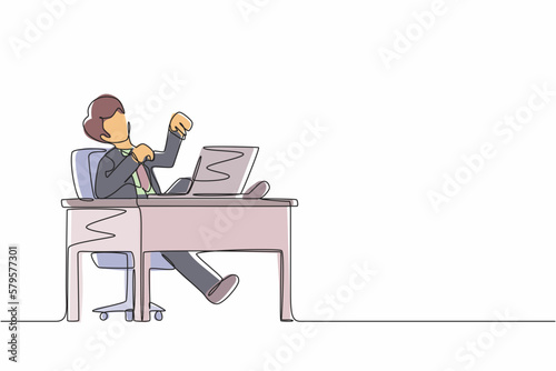 Continuous one line drawing man manager laughing out loud while pointing his finger at laptop. Happiness, business success, win, leader, development concept. Single line draw design vector graphic