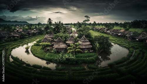 A stunning view of a serene village nestled amidst lush green paddy fields captured with a high Generative AI