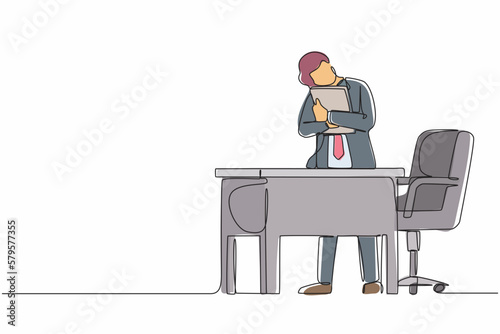 Single continuous line drawing businessman hugging laptop at office. Love to computer concept. Young emotional male. Human emotions, facial expression. One line draw graphic design vector illustration