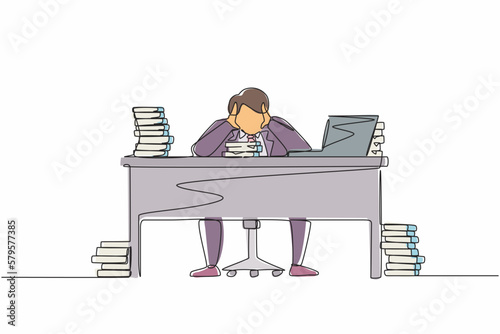 Single one line drawing stressed businessman throwing tantrum in office holding his hands to his head shouting while seated at desk surrounded by files. Continuous line draw design graphic vector