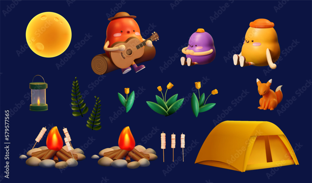 3D cute camping element set 3D cute camping element set