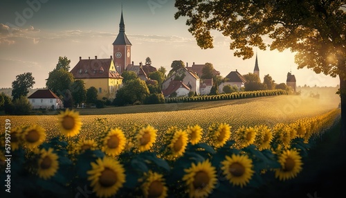 A charming village surrounded by fields of sunflowers captured with a Sony Alpha 1 35mm lens f/2.8 sunny standard lens  Generative AI photo