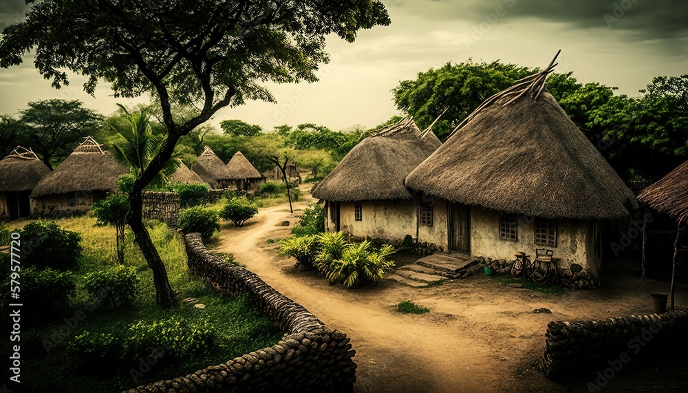 A captivating view of a traditional Andhra Pradesh village with beautiful architecture and a lush green environment captured with a high Generative AI A captivating view of a traditional Andhra Pradesh village with beautiful architecture and a lush green environment captured with a high Generative AI