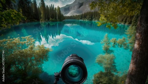 A beautiful view of a clear blue lake surrounded by green trees captured with a medium format camera using a 50mm lens f/8 aperture and natural style  Generative AI photo