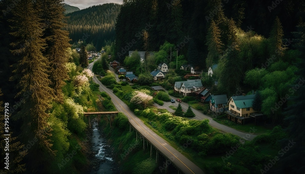An idyllic village surrounded by lush forests in the Pacific Northwest taken with a Fujifilm X  Generative AI