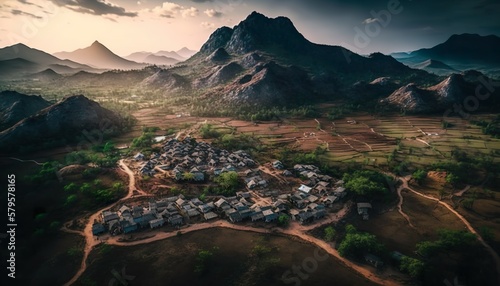 A breathtaking aerial shot of a quaint Andhra Pradesh village surrounded by majestic hills captured with a high  Generative AI © Naveena