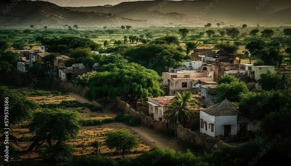 A picturesque view of the village houses and the surrounding greenery in Andhra Pradesh captured using a Sony A7 III camera with a 50mm lens at f/5.6 aperture  Generative AI