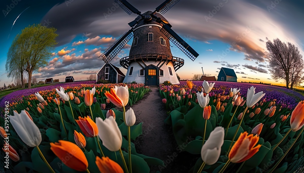 A charming village with a windmill and a field of tulips captured with a Canon EOS 90D 28mm lens f/8 colorful wide  Generative AI