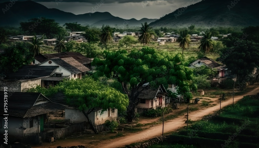 A picturesque view of the village houses and the surrounding greenery in Andhra Pradesh captured using a Sony A7 III camera with a 50mm lens at f/5.6 aperture  Generative AI