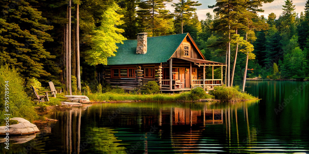 Wooden cabin by the lake in the forest - idyllic setting during the afternoon bathing in the sun's daylight. Nature without people by generative AI
