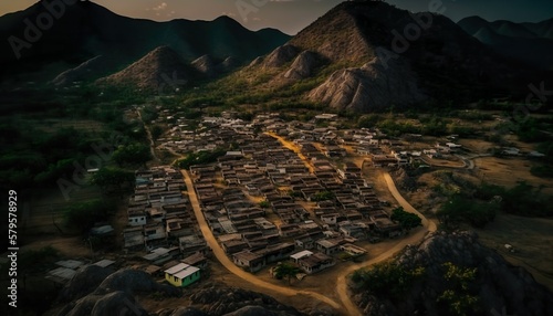 A breathtaking aerial shot of a quaint Andhra Pradesh village surrounded by majestic hills captured with a high  Generative AI