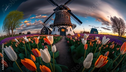 A charming village with a windmill and a field of tulips captured with a Canon EOS 90D 28mm lens f/8 colorful wide  Generative AI photo